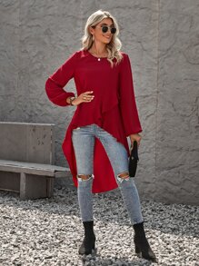 SHEIN Clasi Ruffle High Low Hem Blouse - Burgundy - View 5