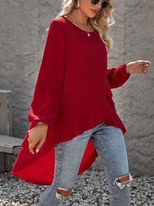 SHEIN Clasi Ruffle High Low Hem Blouse - Burgundy - View 6