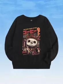 Ilustrata Slogan Cartoon Graphic Sweatshirt - Black - View 1