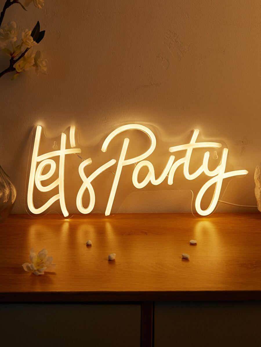 1PC Let's Party Let's Dance Let's Go Let's Eat Let's Glow Neon Sign - USB Powered LED Light For Party Decor, Wall Hanging Night Light, Birthday Celebration, Bedroom Room Party Lighting - Yellow - View 1