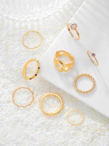 9pcs Oval & Rhinestone Decor Ring - Yellow Gold - View 1