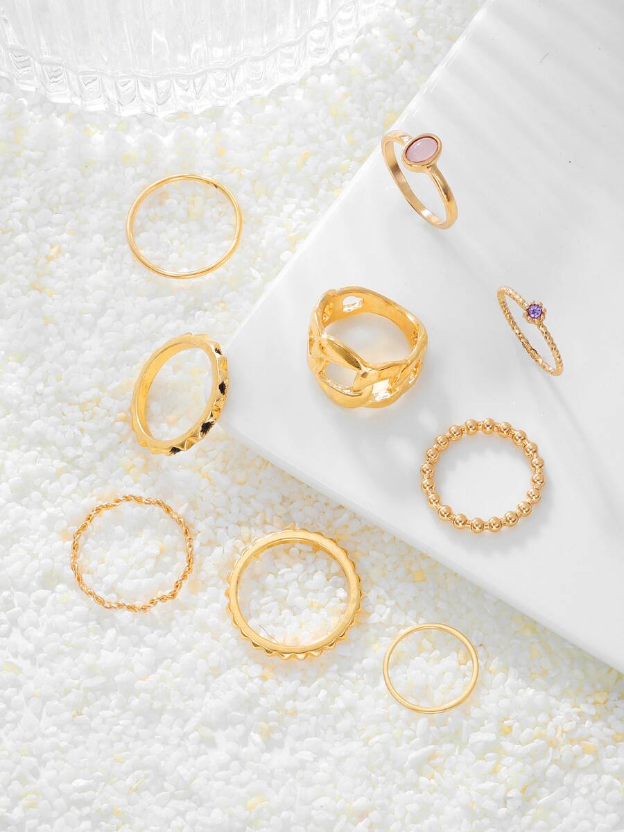 9pcs Oval & Rhinestone Decor Ring - Yellow Gold - View 1