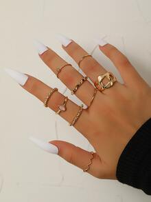 9pcs Oval & Rhinestone Decor Ring - Yellow Gold - View 2