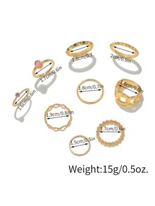 9pcs Oval & Rhinestone Decor Ring - Yellow Gold - View 3