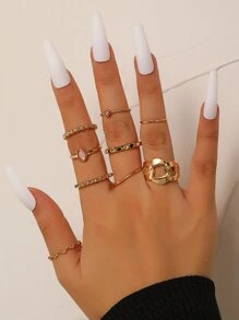 9pcs Oval & Rhinestone Decor Ring - Yellow Gold - View 4