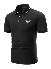 Manfinity Homme Men Letter And Wings Print Polo Shirt - Black - View 4