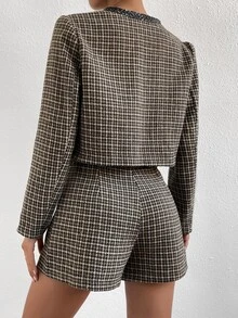 SHEIN Essnce Plaid Print Contrast Trim Jacket & Shorts - Brown - View 2