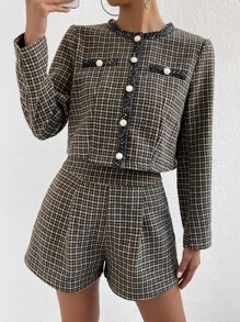 SHEIN Essnce Plaid Print Contrast Trim Jacket & Shorts - Brown - View 3