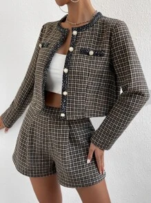 SHEIN Essnce Plaid Print Contrast Trim Jacket & Shorts - Brown - View 5