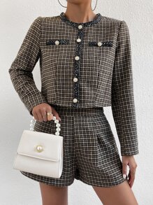 SHEIN Essnce Plaid Print Contrast Trim Jacket & Shorts - Brown - View 6