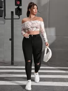 SHEIN EZwear Plus Bleach Wash Ripped Frayed Skinny Jeans