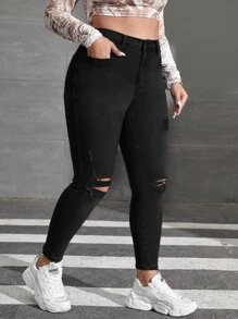 SHEIN EZwear Plus Bleach Wash Ripped Frayed Skinny Jeans