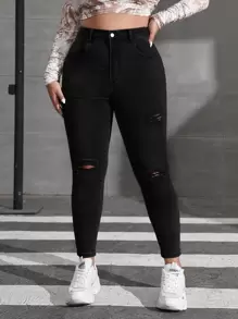 SHEIN EZwear Plus Bleach Wash Ripped Frayed Skinny Jeans