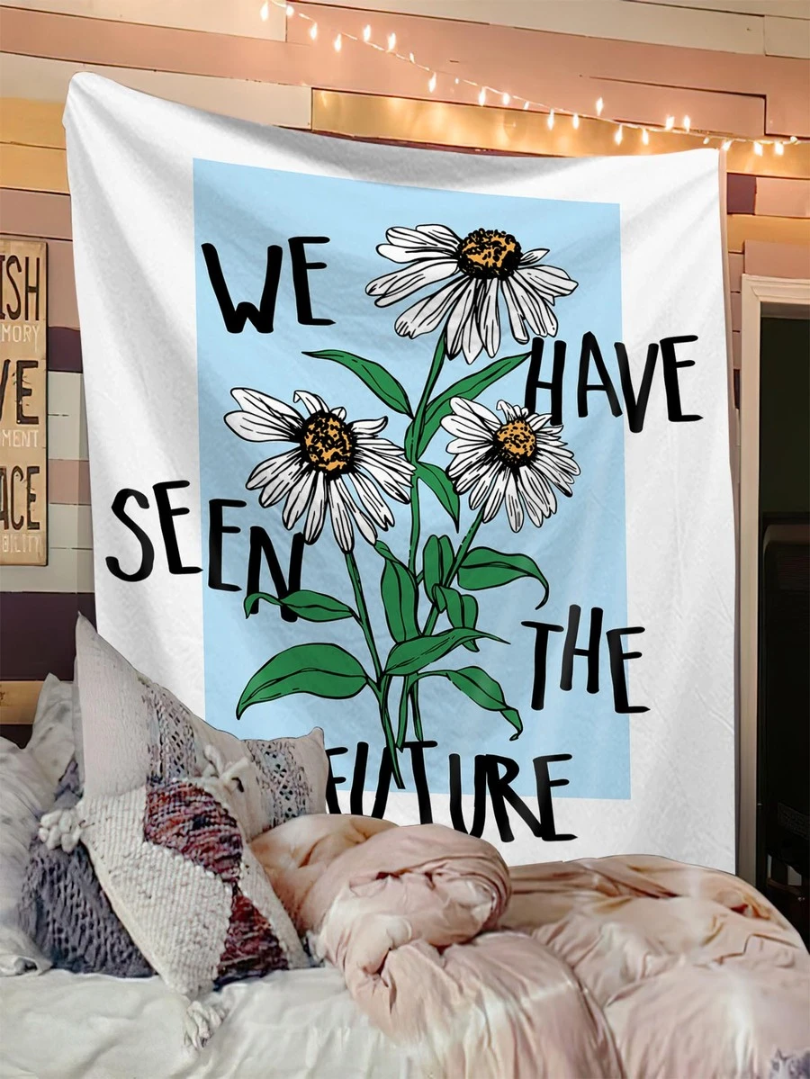 Floral & Slogan Graphic Tapestry - Multicolor - View 1