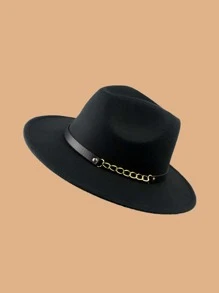 1pc Women Black Chain Decor Fedora Hat - Black - View 3