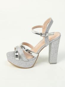 女士防水台粗跟踝帶魅力四射金屬亮絲涼鞋