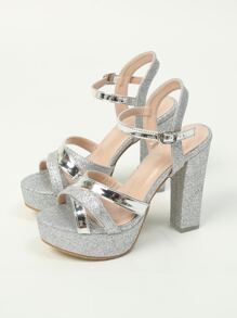 女士防水台粗跟踝帶魅力四射金屬亮絲涼鞋