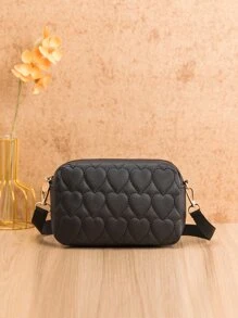 Heart Quilted Crossbody Bag - Black - View 1