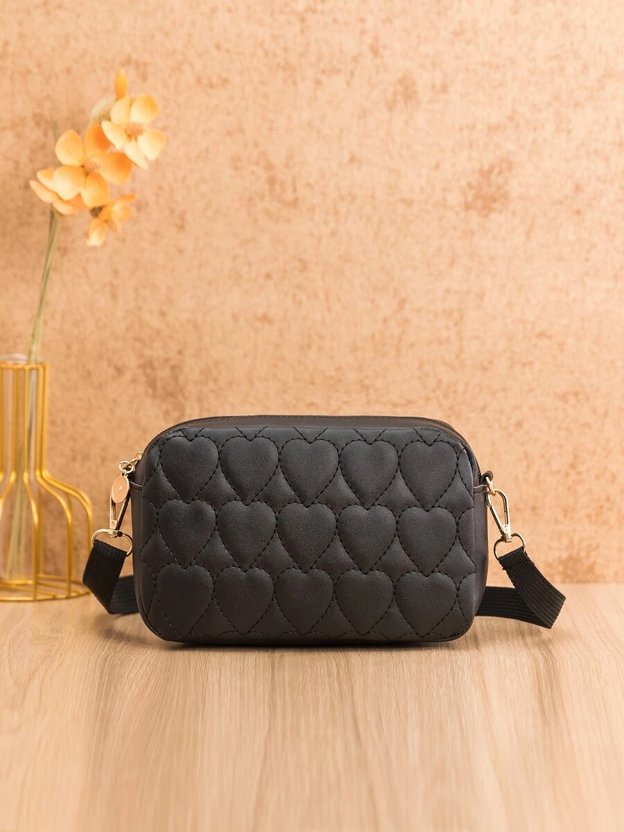 Heart Quilted Crossbody Bag - Black - View 1
