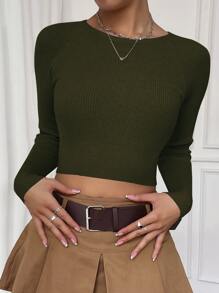 SHEIN Essnce 插肩袖短款毛衣 - 軍綠色 - 查看 1