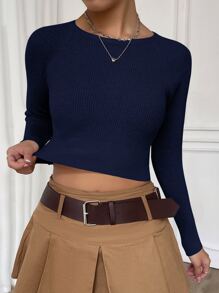 SHEIN Essnce 插肩袖短款毛衣 - 藏蓝色 - 查看 3