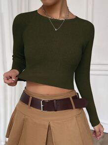 SHEIN Essnce 插肩袖短款毛衣 - 軍綠色 - 查看 3