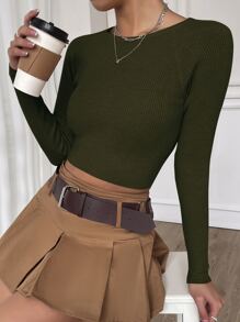 SHEIN Essnce 插肩袖短款毛衣 - 軍綠色 - 查看 4