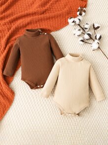 SHEIN Conjunto Para Recién Nacido De 2 Piezas Con Body De Cuello De Tortuga De Punto Acanalado Para Niño - Multicolor - Ver 1