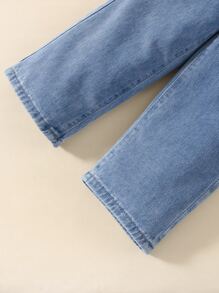 Young Girl Y2K Street Daily Elastic Waist  Straight Jeans With Flat Pockets, Girls Daily OOTD Outfits