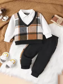 Baby Boy Plaid Print 2 In 1 Sweatshirt & Sweatpants - Multicolor - View 1