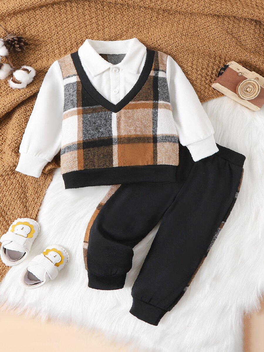 Baby Boy Plaid Print 2 In 1 Sweatshirt & Sweatpants - Multicolor - View 1