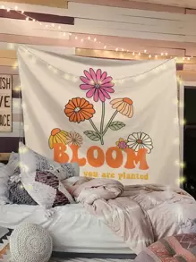 Floral & Slogan Graphic Tapestry - Multicolor - View 1