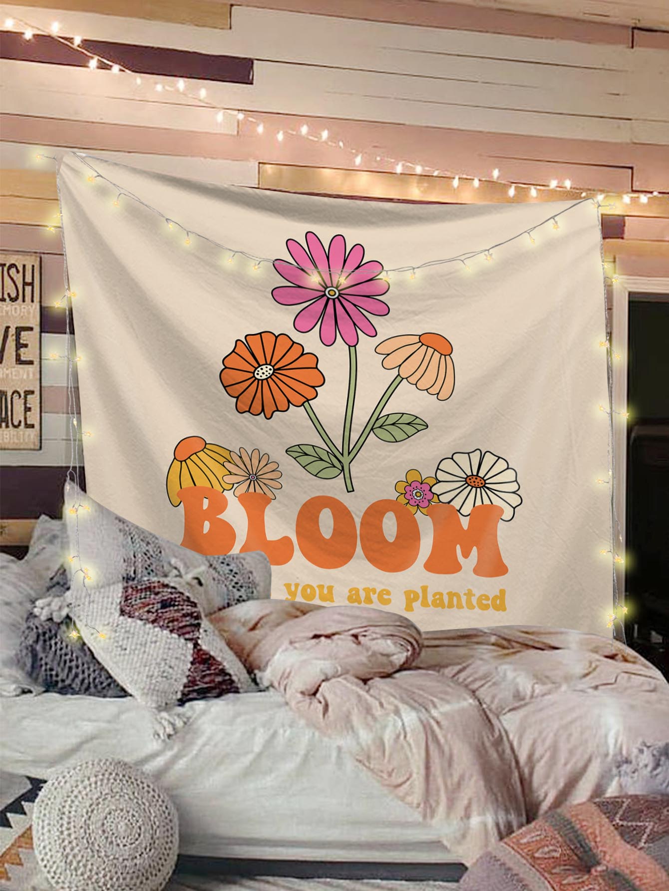 Floral & Slogan Graphic Tapestry - Multicolor - View 1