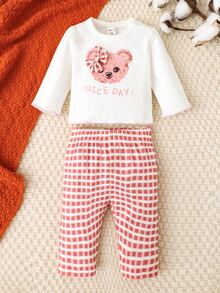 Baby Cartoon And Letter Graphic Tee & Gingham Trousers - Multicolor - View 3