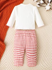 Baby Cartoon And Letter Graphic Tee & Gingham Trousers - Multicolor - View 4