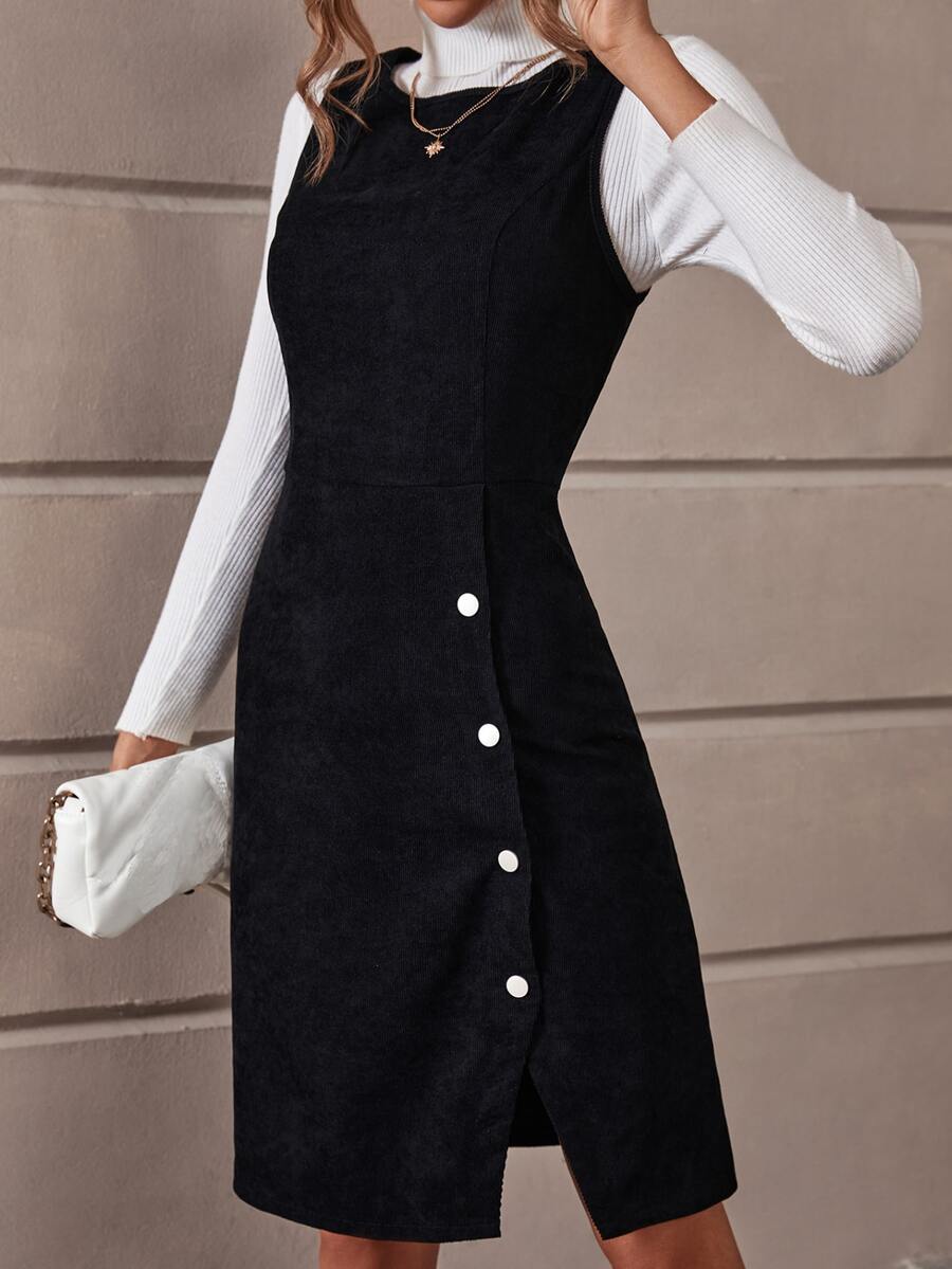 Vestido sin manga con botón delantero bajo con abertura sin jersey - Negro - Ver 1