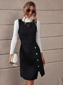 Vestido sin manga con botón delantero bajo con abertura sin jersey - Negro - Ver 5