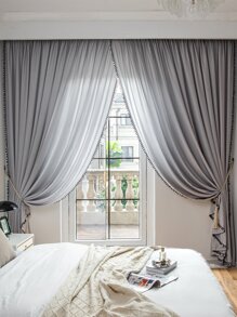 Grey Single Panel Curtain, Modern Polyester Pom Pom Trim Single Panel Blackout Curtain For Bedroom And Living Room - Grey - View 1