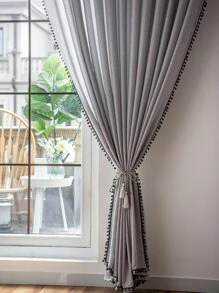 Grey Single Panel Curtain, Modern Polyester Pom Pom Trim Single Panel Blackout Curtain For Bedroom And Living Room - Grey - View 6
