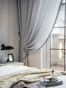 Grey Single Panel Curtain, Modern Polyester Pom Pom Trim Single Panel Blackout Curtain For Bedroom And Living Room - Grey - View 4