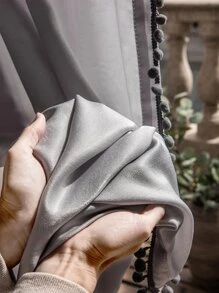 Grey Single Panel Curtain, Modern Polyester Pom Pom Trim Single Panel Blackout Curtain For Bedroom And Living Room - Grey - View 7