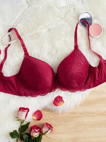 Plus Contrast Lace Underwire Bra - Burgundy - View 1