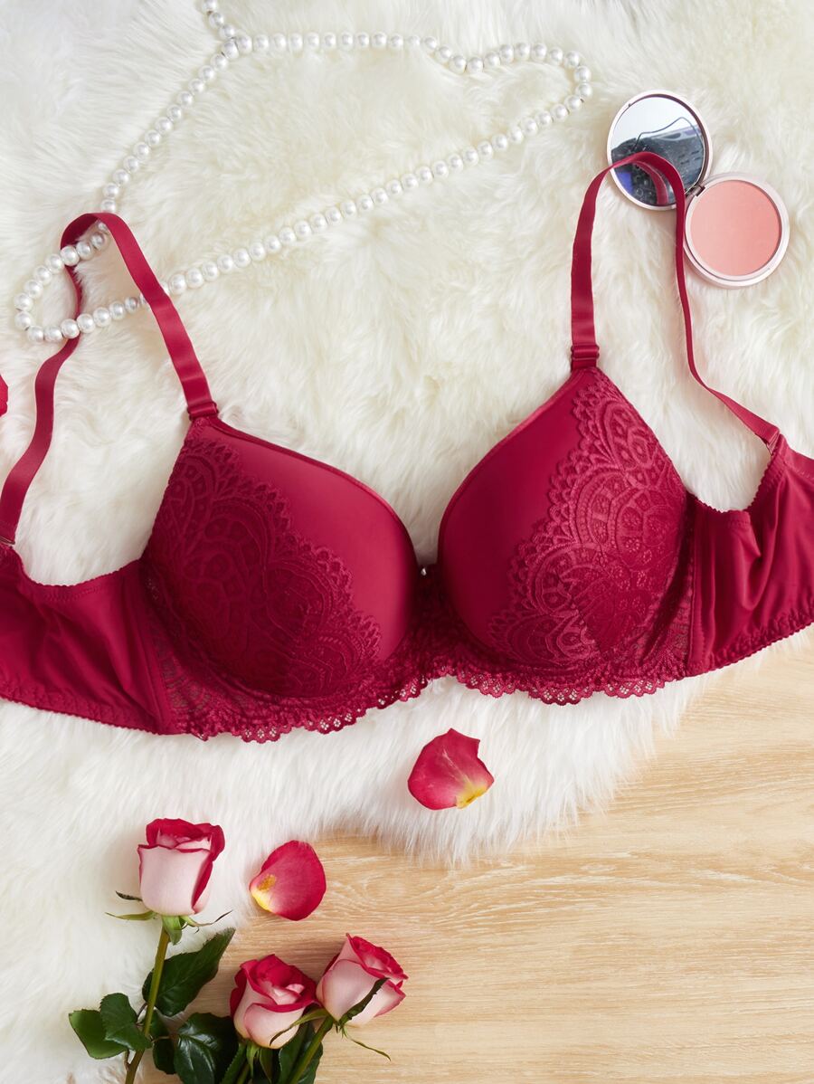 Plus Contrast Lace Underwire Bra - Burgundy - View 1