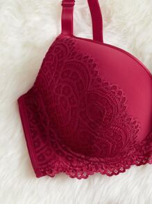Plus Contrast Lace Underwire Bra - Burgundy - View 3
