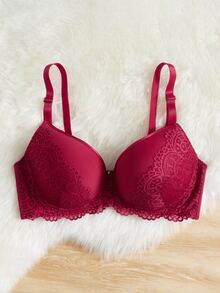 Plus Contrast Lace Underwire Bra - Burgundy - View 5