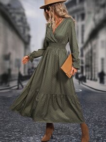 SHEIN Clasi 格紋印花交疊領荷葉邊連衣裙 - 軍綠色 - 查看 1