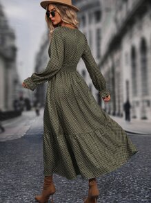 SHEIN Clasi 格紋印花交疊領荷葉邊連衣裙 - 軍綠色 - 查看 2