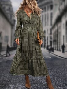 SHEIN Clasi 格紋印花交疊領荷葉邊連衣裙 - 軍綠色 - 查看 3