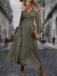 SHEIN Clasi 格紋印花交疊領荷葉邊連衣裙 - 軍綠色 - 查看 6