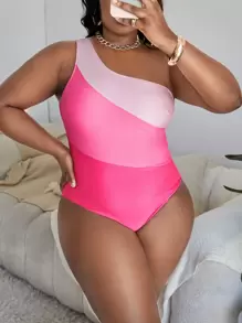 SHEIN Slayr Plus Color Block One Shoulder One Piece Swimsuit - Pink - View 1